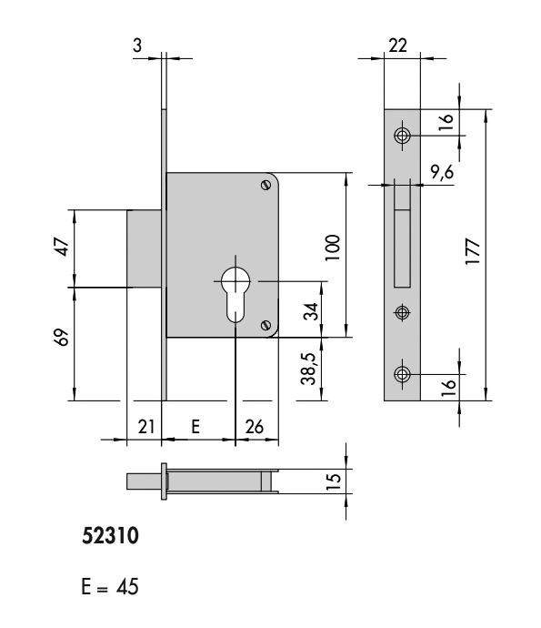 Προσθετή κλειδαριά ασφαλείας Cisa 52310 τύπυ ασανσέρ με κύλινδρο, κέντρο 45mm 